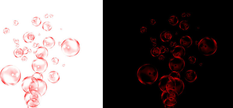 Red water bubbles floating on white and black backgrounds, sparkling liquid droplets in motion, abstract ruby soda carbonation for beverage design