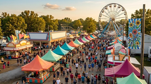 Vibrant amusement park county fair with ferris wheel at sunset