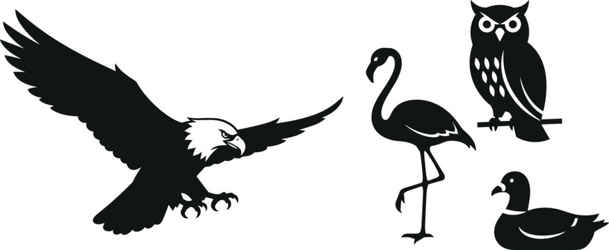 Bird silhouette vector icon set featuring a flying bald eagle flamingo perched owl and swimming duck graphics