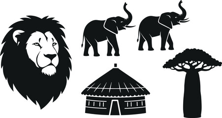 African safari vector elements set with lion head elephants baobab tree and traditional tribal hut icons on white background © MDMAHABUR