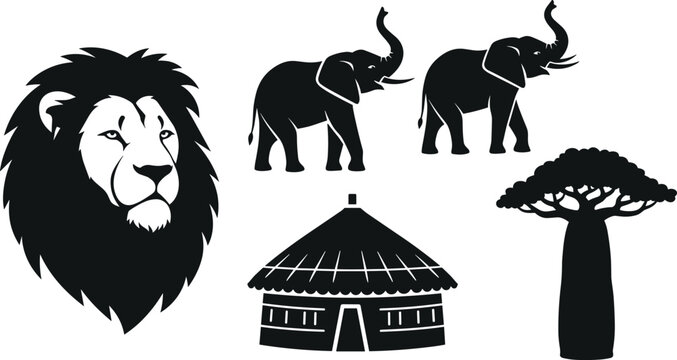 African safari vector elements set with lion head elephants baobab tree and traditional tribal hut icons on white background