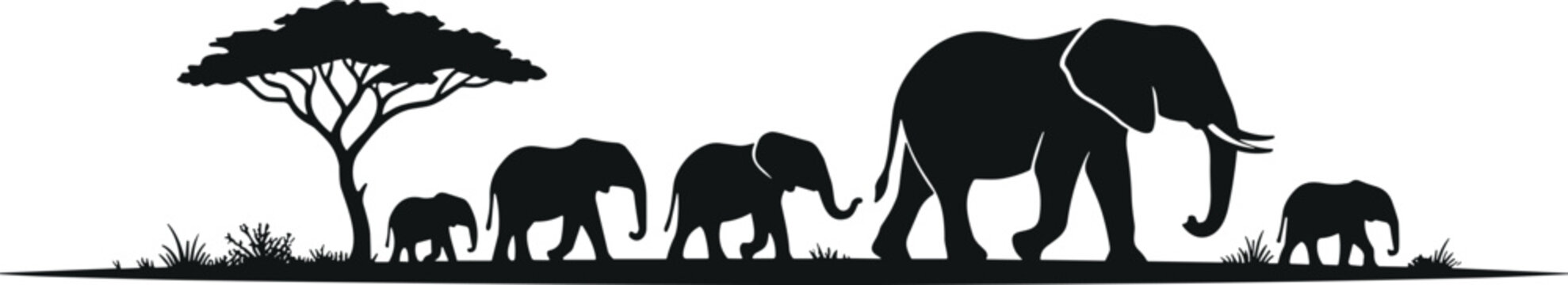 African safari silhouette with elephant herd and baby calves walking near acacia tree for wildlife conservation landscape vector illustration