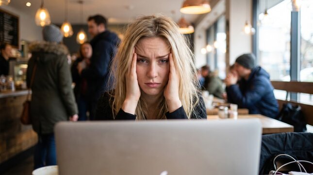 Stressed woman with hands on head in front of laptop in busy cafe coffee shop overwhelmed frustrated computer