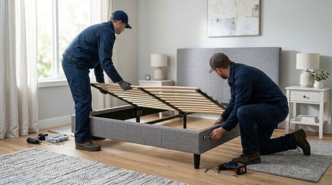 Two Furniture Assemblers Installing a Storage Bed Frame in a Bedroom.