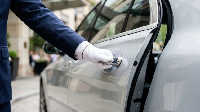 Valet Opens Luxury Car Door with White Gloves.