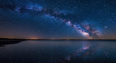 Obraz premium 夜空いっぱいに広がる無数の星々が息をのむほど美しく輝き雄大な天の川が幻想的に流れる静かな水面に神秘的な光景を映し出す壮大な夜景
