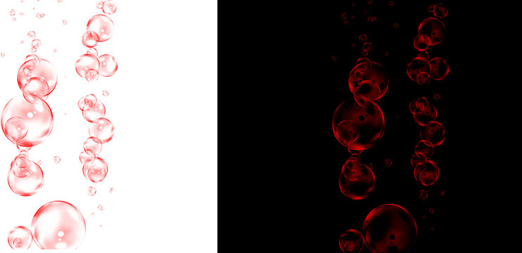 Red carbonated bubbles rising in liquid, fizzy soda water droplets on white and black background, abstract effervescent drink texture