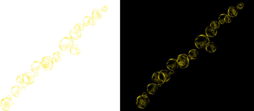Golden soap bubbles floating in diagonal line, shimmering yellow liquid spheres on black and white backgrounds, luxury champagne carbonation effect