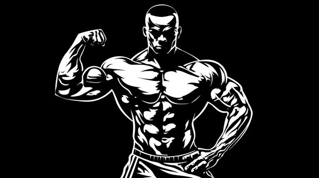 Muscular bodybuilder man flexing bicep, showcasing strength and power in a bold black and white fitness illustration graphic