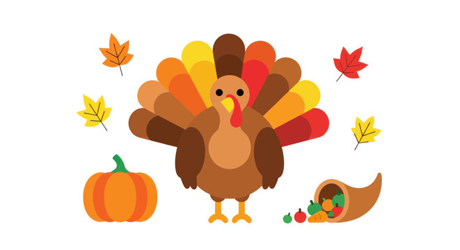Thanksgiving Turkey, Pumpkin, Cornucopia and Autumn Leaves Illustration