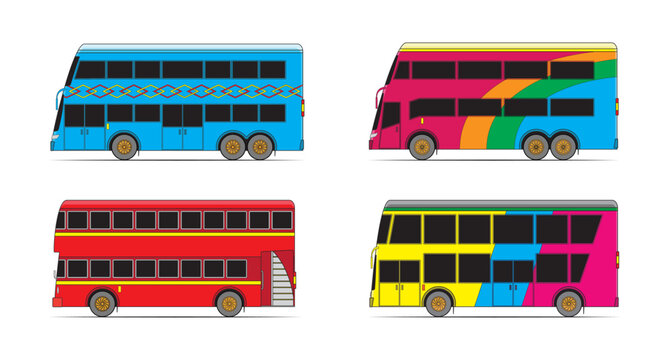 Line art Illustration vector set of double decker bus in side view drawing in colorful vector