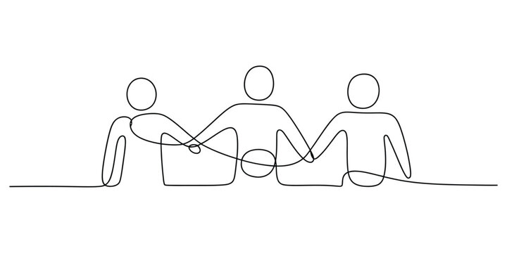 Three people holding hands in a continuous single line drawing