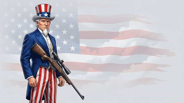 Patriotic Uncle Sam Character with Rifle and American Flag