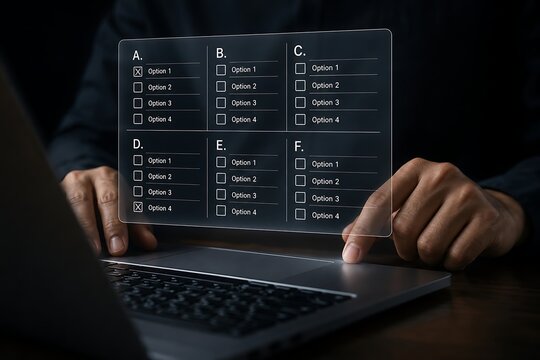 Person using a laptop with a digitally projected multiple-choice questionnaire on the screen.