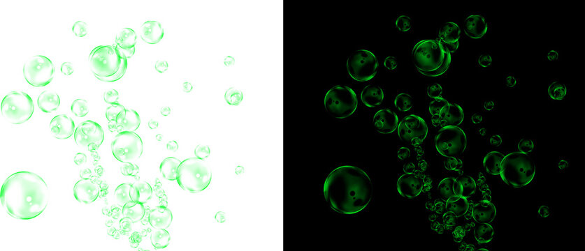 Glowing green bubbles on black and white backgrounds, floating liquid spheres, neon soap bubble overlays for creative design and compositing