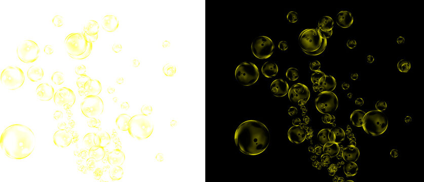 Golden liquid bubbles rising on black and white backgrounds, sparkling champagne fizz texture, luxury oil or honey droplets for cosmetic branding