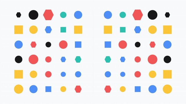Symmetrical abstract pattern composed of multicolored geometric shapes including circles, squares, and hexagons arranged on a white background