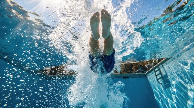 A cannonball jump into a sparkling blue swimming pool, captured from underwater looking up. The splash creates a massive explosion of bubbles, light refracts through the water.