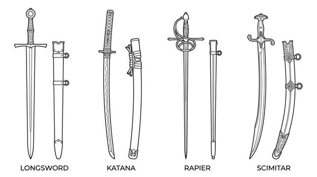 Collection of Historical Swords: Longsword, Katana, Rapier, Scimitar