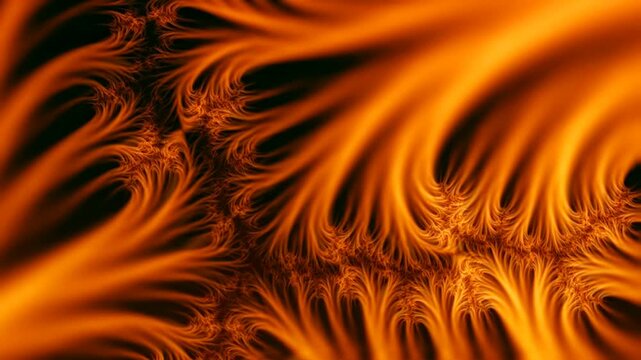 Abstract fiery orange fractal loop background with organic feathery structures.