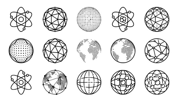Atomic structure and geometric sphere icons collection black and white