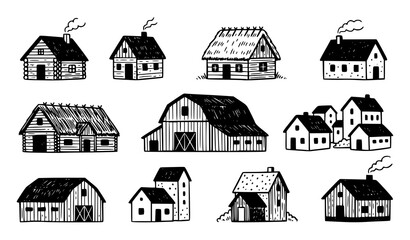 Black and white illustrations of various houses and barns © Nirob