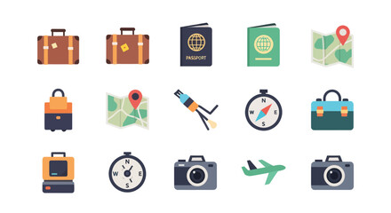 Travel icons suitcases compass camera © Layla
