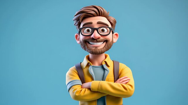 Animated Smiling Young Man Wearing Glasses and Backpack Standing Confidently Against Light Blue Background