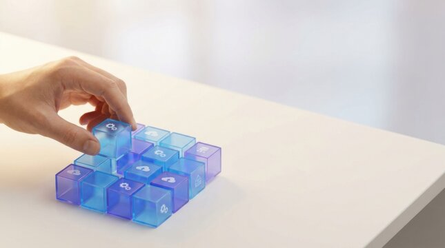 Person placing a cube signifying the implementation of scalable cloud frameworks in modern business environments