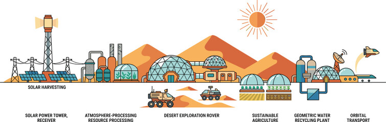 Mars colony infrastructure vector infographic with habitat domes water extraction farming and renewable space survival systems © AntarChandra