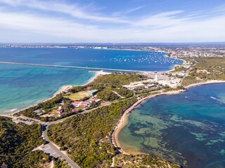 Obraz premium Aerial View of Coastal Landscape with Marina