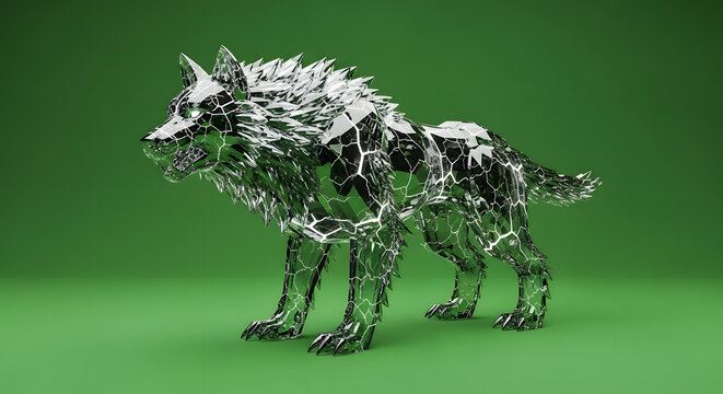Crystal wolf creature stands on green screen with sharp claws and teeth