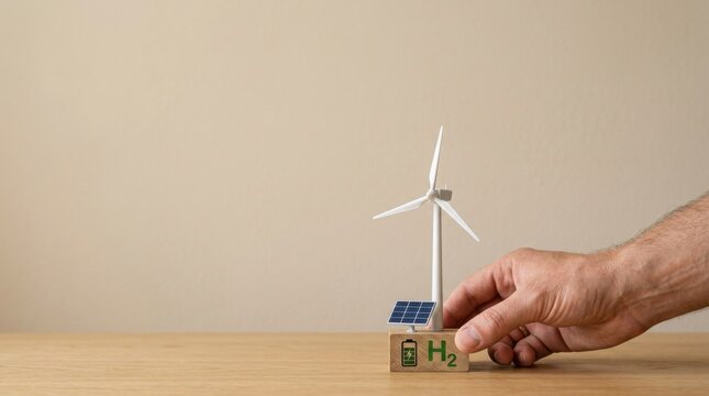 Man's hand holding a wooden block featuring a wind turbine model emphasizing renewable energy investment ideas