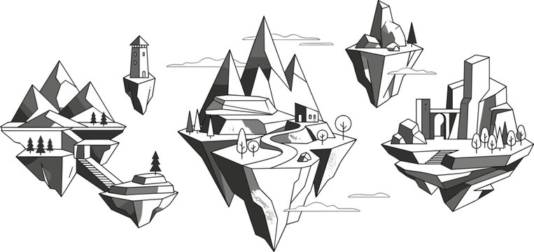 Minimal floating island fantasy vector set with monochrome sky kingdoms mountains and surreal aerial landscape concepts