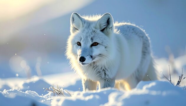 Fluffy White Arctic Fox Standing in Snowy Winter Landscape