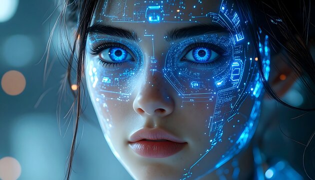 Futuristic Young Woman with Glowing Circuit Face in Neon Blue Light