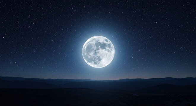 深く広がる漆黒の夜空に煌々と輝く満月が神秘的な銀色の光を放ち遠い地平線の山々を優しく照らす無数の星が煌めく感動的な夜景. AI Generated