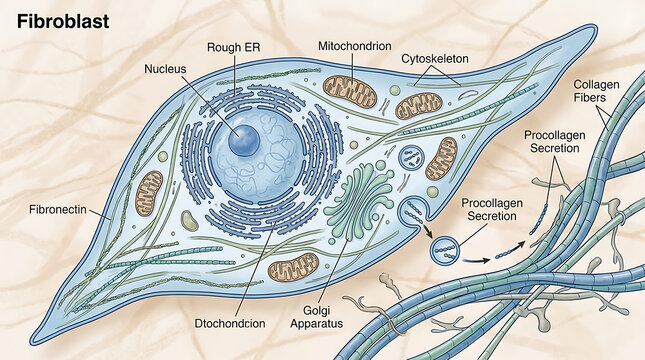 Microscopic view of human fibroblast cell anatomy showing structural organelles responsible for protein synthesis and collagen fiber production within the extracellular matrix architecture.