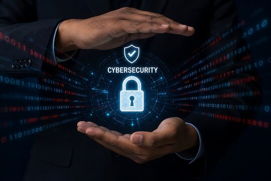 Businessperson holding a holographic cybersecurity lock symbol to represent data protection