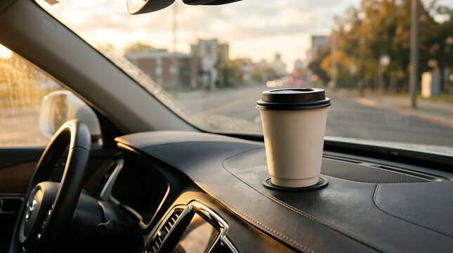 Disposable coffee cup resting on a car dashboard during a sunny morning drive, symbolizing a convenient daily routine or a refreshing start to a journey