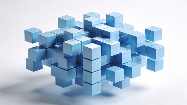 Abstract blue cube structure with light and shadow effects, , geometric background