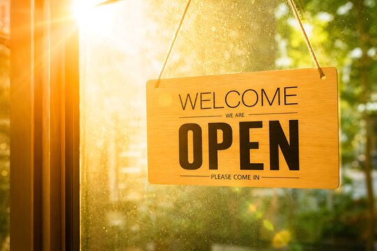 Warm and inviting welcome sign hanging on a glass door of a business establishment
