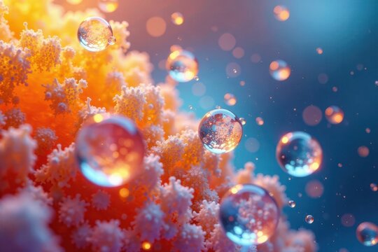 Bubbles floating around golden particles on a microscopic slide, scientific discovery, biology