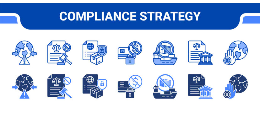Compliance Strategy Icon Collection,  featuring Compliance Check, Sanction Law, Export Control, Financial Block, Risk Assessment, Trade Policy, Economic Sanction.