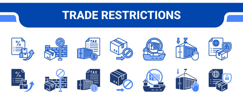 Trade Restrictions Icon Collection,  featuring Tariff, Trade Barrier, Import Tax, Export Ban, Trade Ban, Import Restrict, Export Control.