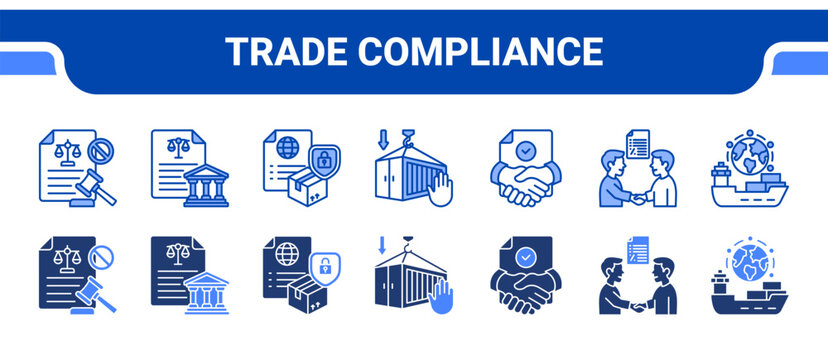 Trade Compliance Icon Collection,  featuring Sanction Law, Trade Policy, Export Control, Import Restrict, Trade Agreement, Trade Negotiation, Global Trade.