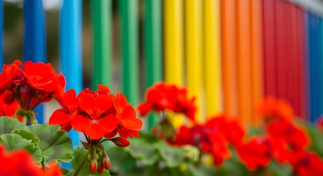 Vibrant red geraniums in bloom against colorful wooden fence