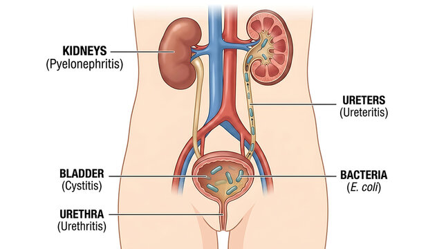 Detailed medical diagram of human urinary tract anatomy suffering bacterial infection including kidneys ureters bladder and urethra highlighting cystitis pyelonephritis ureteritis and urethritis.