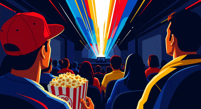 People watching a movie in a stylized theater with bright light rays. Viewer holding popcorn in foreground while others enjoy the show. Film and leisure concept, ideal for cinema industry marketing.