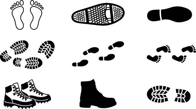 Footprint and shoe sole vector collection with barefoot boot tracks and tread marks isolated on transparent background